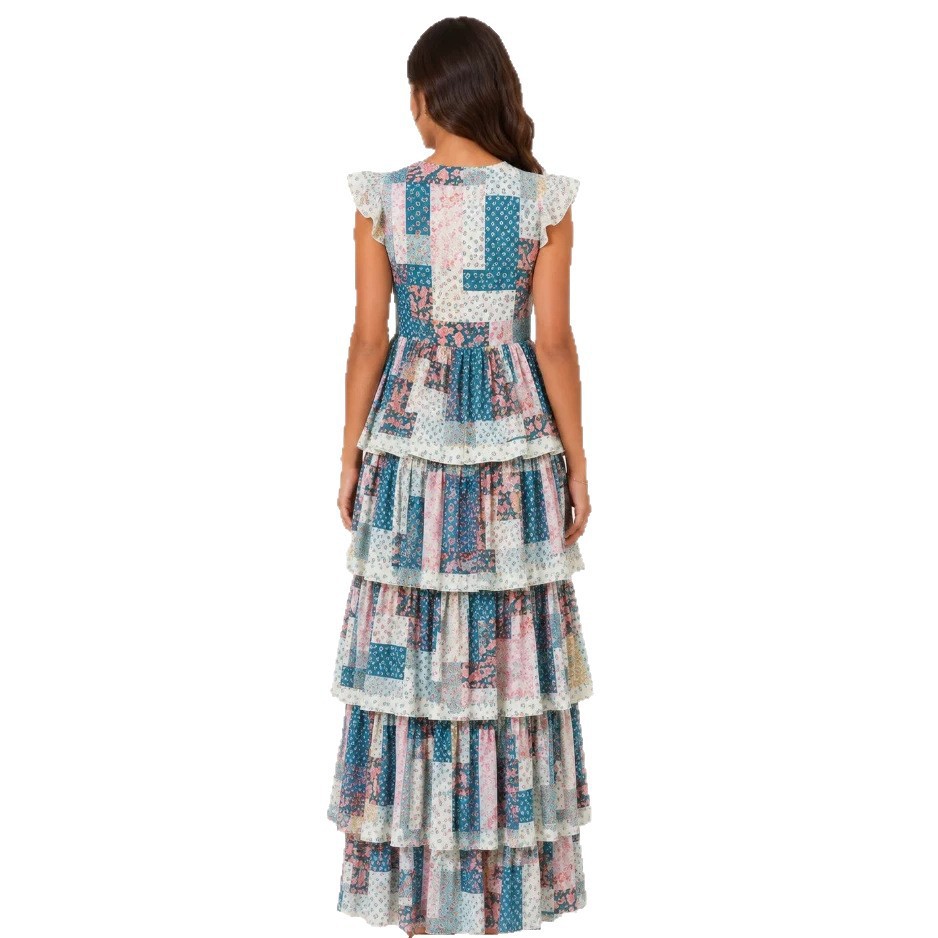 Printed Round Neck Sleeveless Plaid Spliced Tiered Maxi Dress