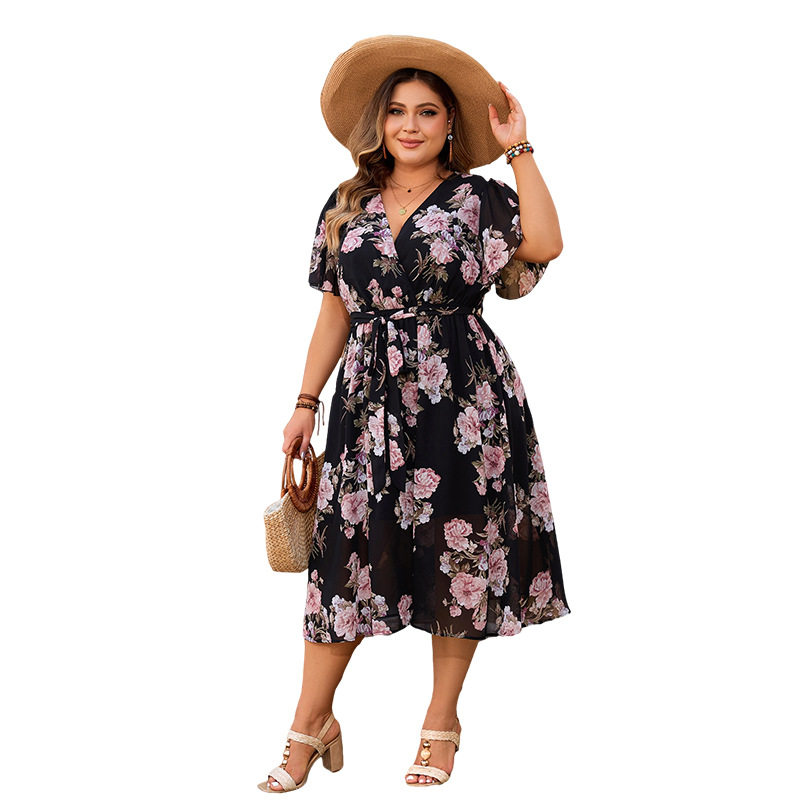 V-Neck Flowy Sleeve Floral Midi Dress with Cinched Waist