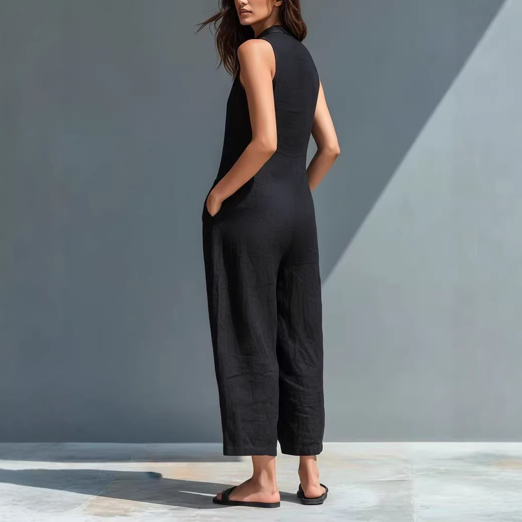 Women's Sleeveless Stand Collar Pocket Jumpsuit