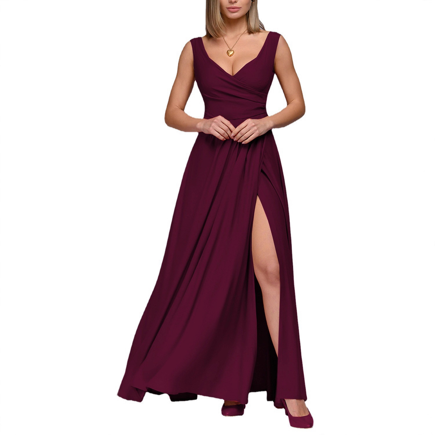Summer Sleeveless Solid Color Waist-Cinched Long Dress