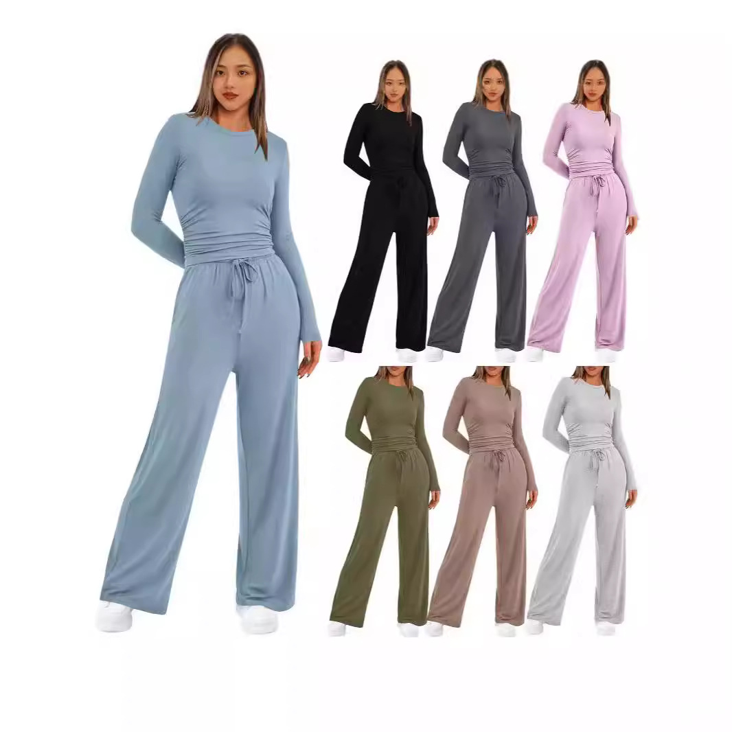 Solid Color Ruched Waist Long Sleeve Top and Pants Set