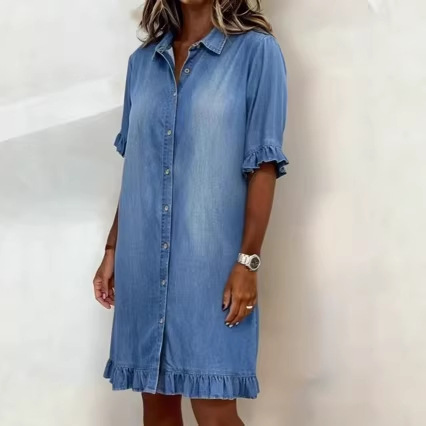 Washed Denim Dress Women's Single-Breasted High-Waist Knee-Length Short Dress