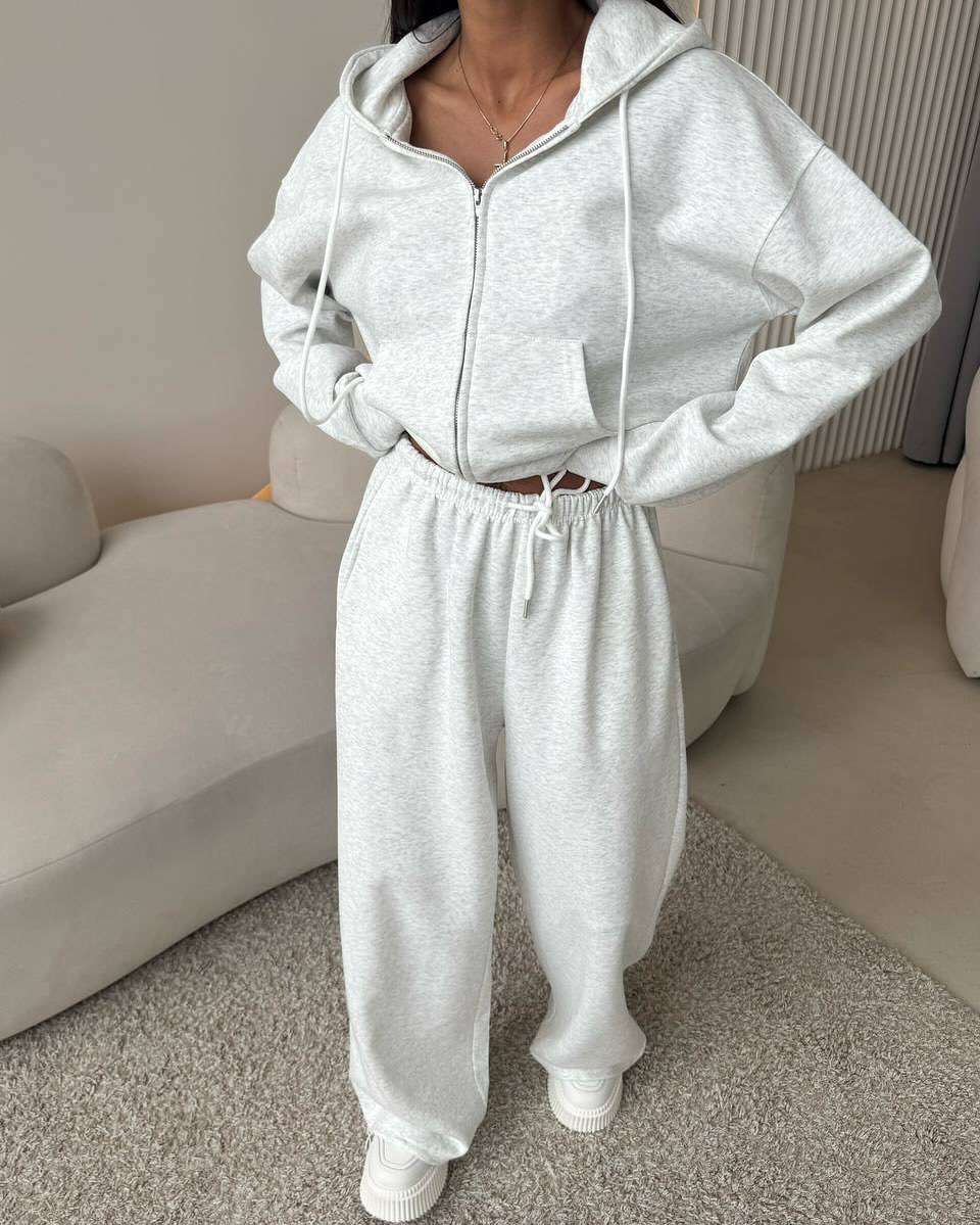 Cotton Blend Long Sleeve Zip Hoodie and Drawstring Pants Two-Piece Set