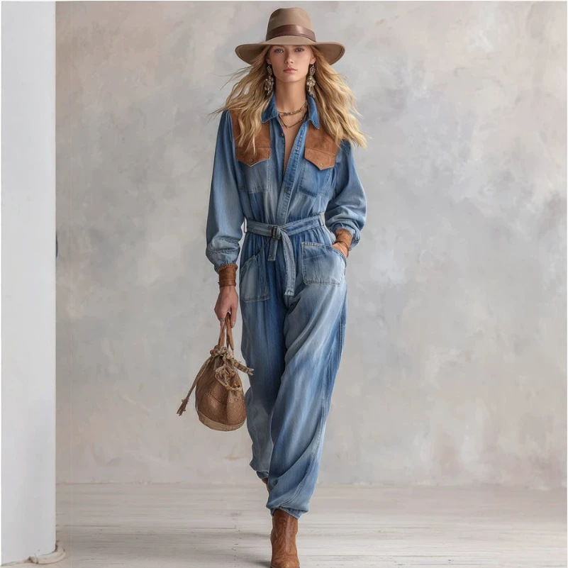 Retro Patchwork Blue Washed Denim Jumpsuit