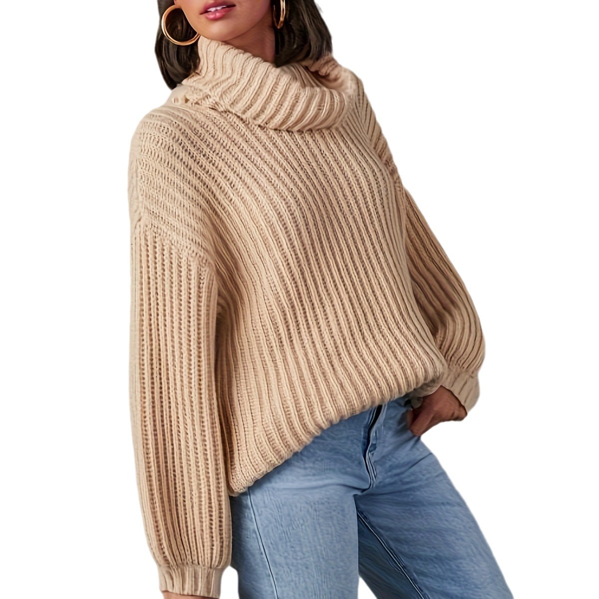 Women's Loose High Neck Wool Blend Pullover Sweater