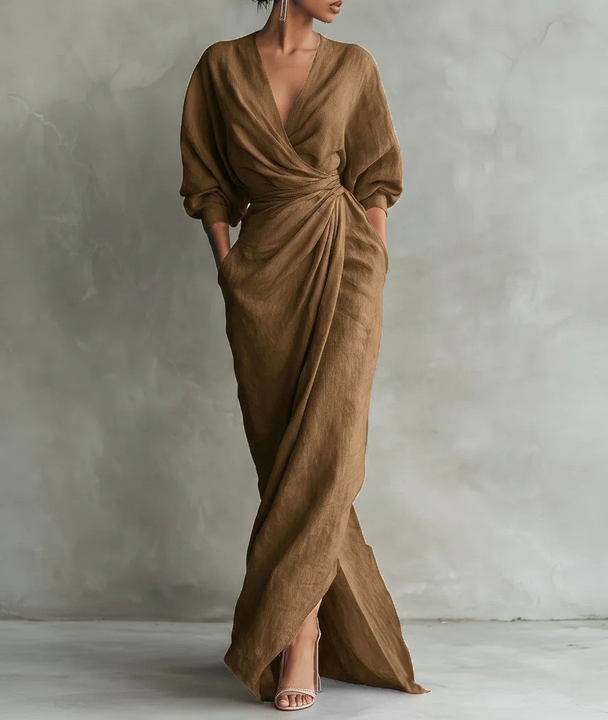 Women's Long Sleeve V-Neck Maxi Dress Solid Color Pleated A-Line Casual