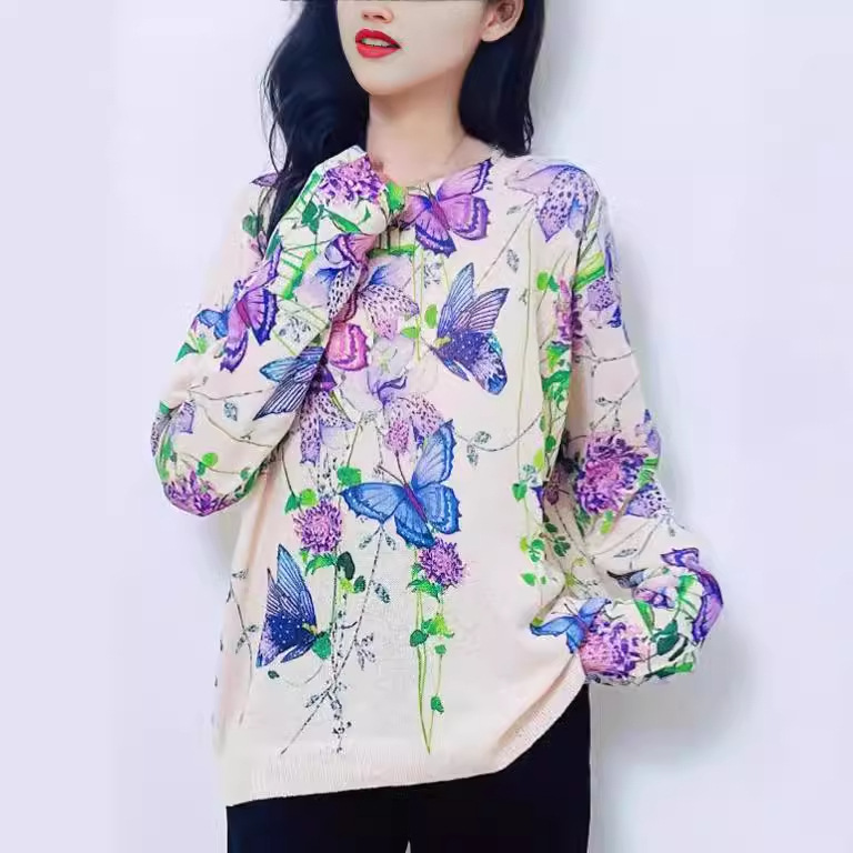 Elegant Butterfly Print Knit Pullover Sweater Long Sleeve Crew Neck Color Block