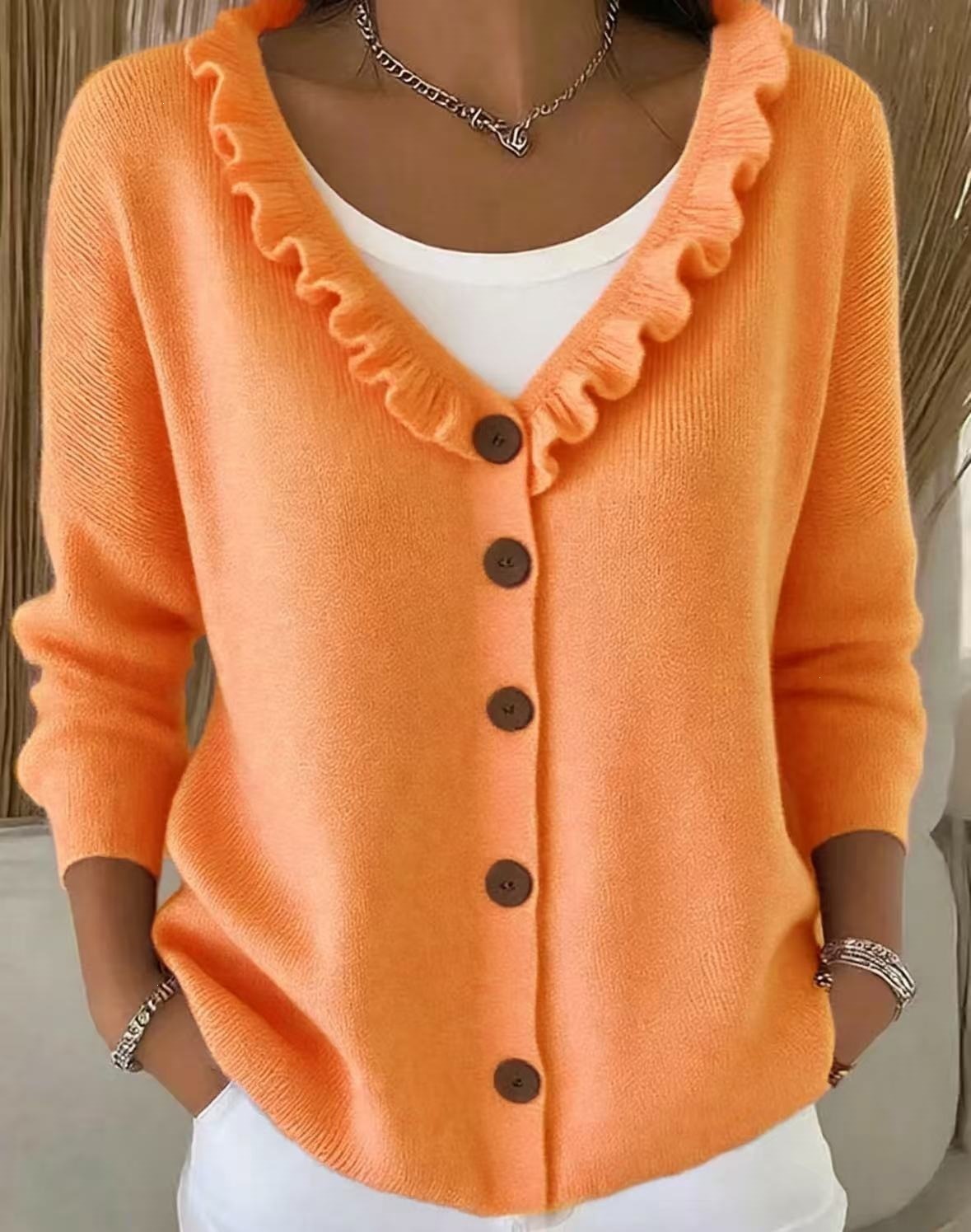 Ruffled Knit Cardigan Single-Breasted Loose Fit Sweater Coat for Women