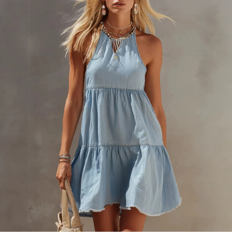 Light Blue Denim Sleeveless Mini Dress with Frayed Hem