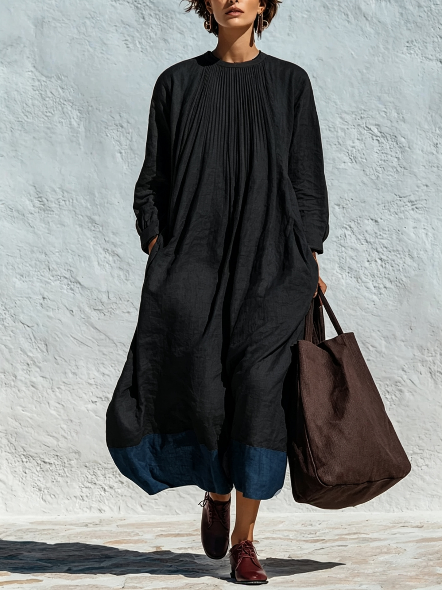 Women's Crewneck Pleated Colorblock Linen Blend Loose Long Sleeve Dress
