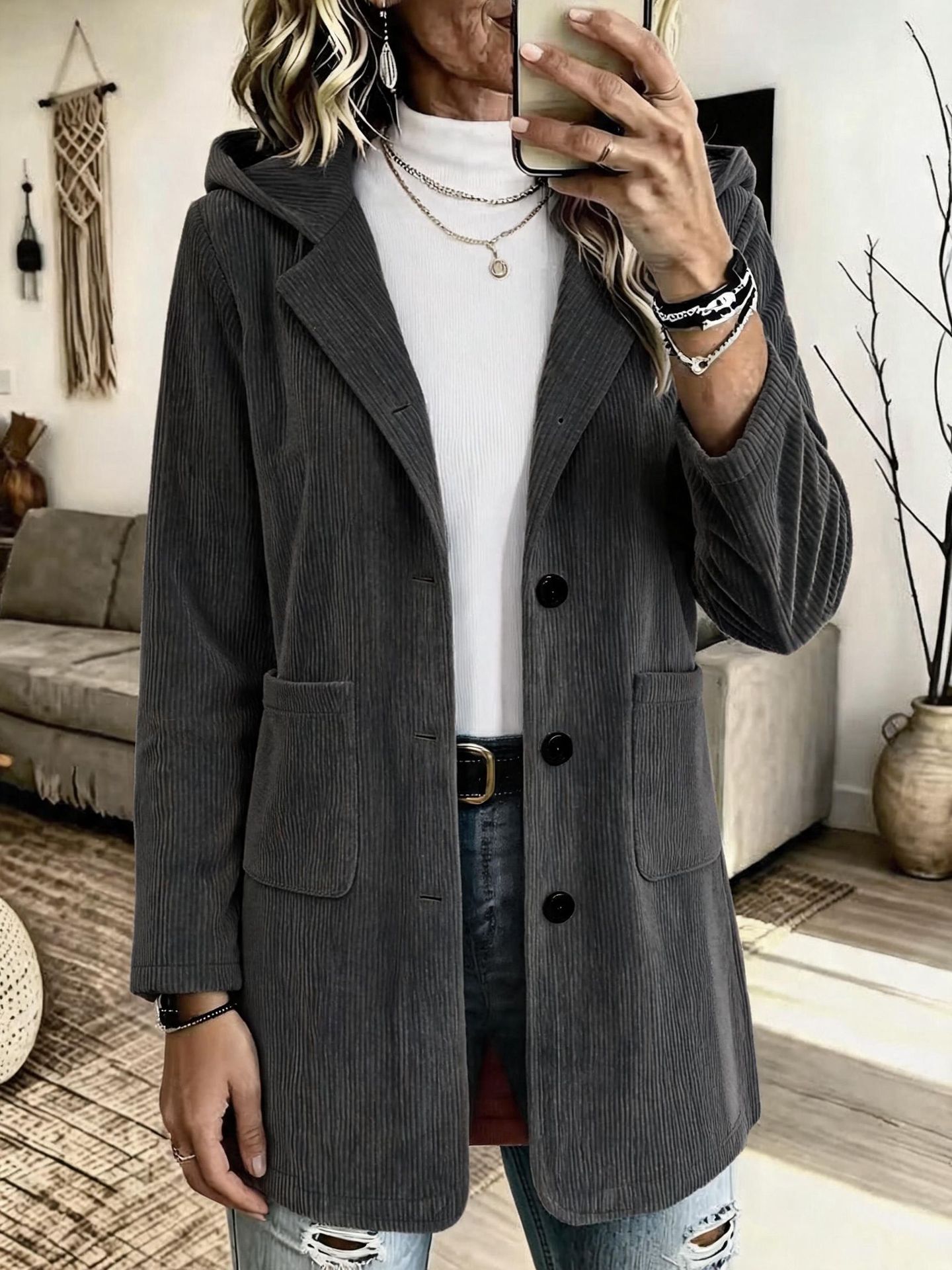 Women's Hooded Corduroy Mid-Length Loose Casual Jacket
