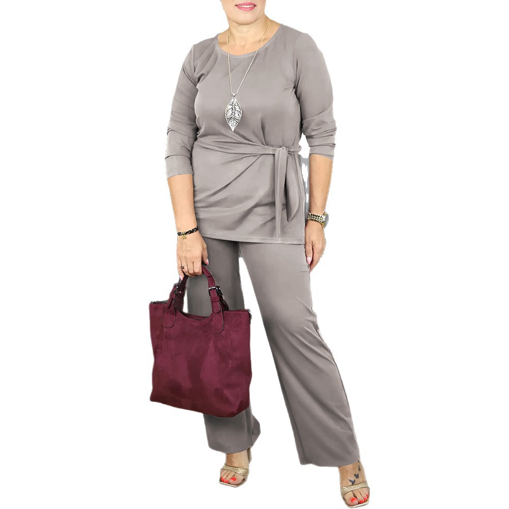 Women's Loose Plus Size Round Neck Tie Top and Pants Casual Two-Piece Set