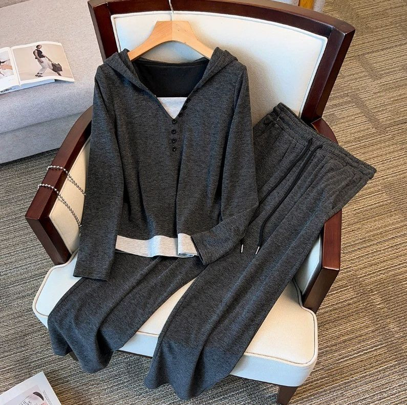 Women's Hooded Button Top and Wide-Leg Pants Set