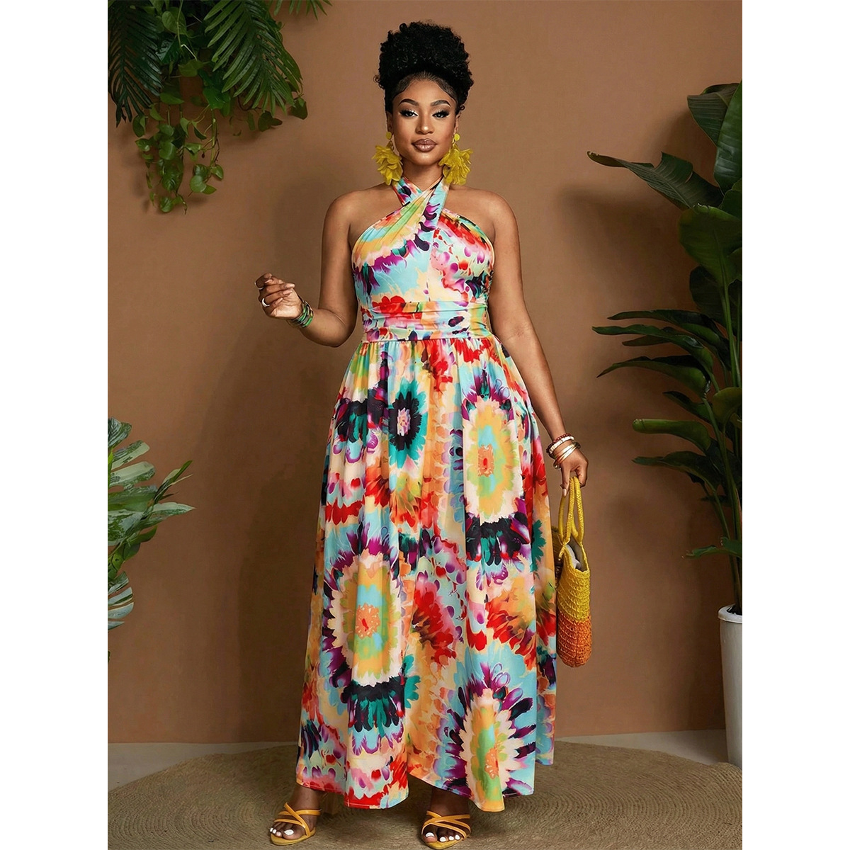 Retro Tie-Dye Halter Maxi Dress with Open Back and High Waist