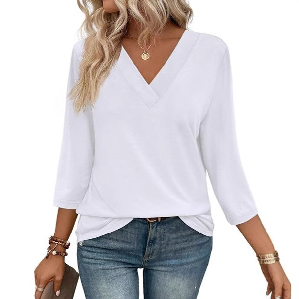 Women's V-Neck 3/4 Sleeve Knit Top - Fitted Casual T-Shirt