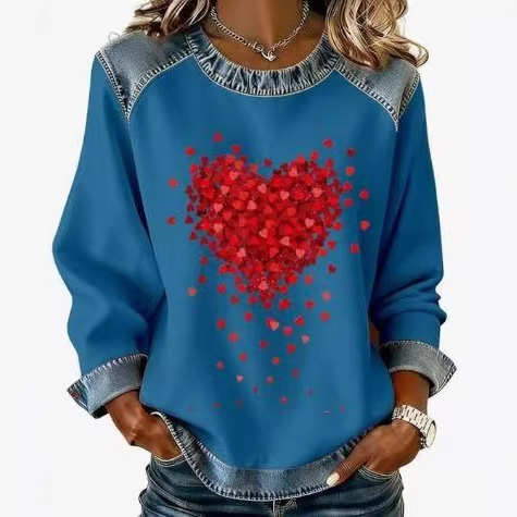 Women's Heart Print Crewneck Sweatshirt Casual Pullover