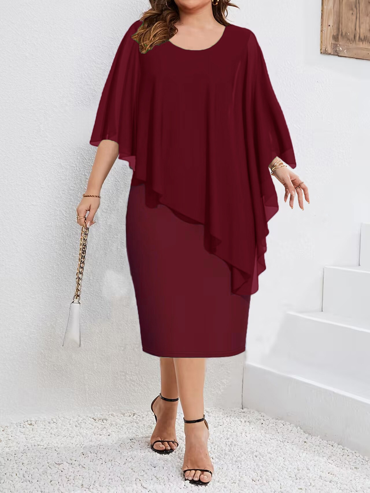 Plus Size Asymmetric Chiffon Midi Dress with Flutter Sleeves and Colorblock Design