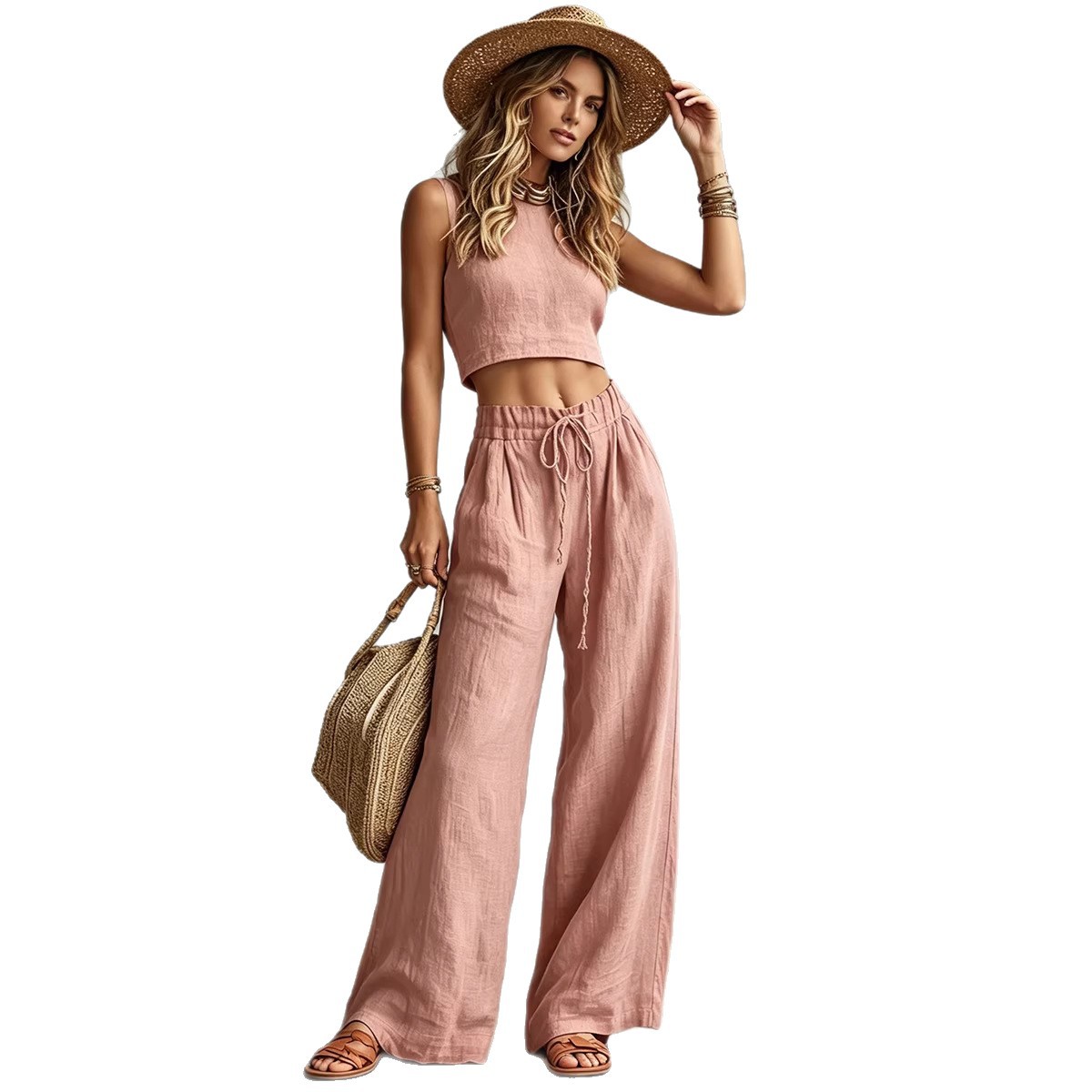Sleeveless Tank Top & Drawstring High-Waist Wide-Leg Pants Two-Piece Set