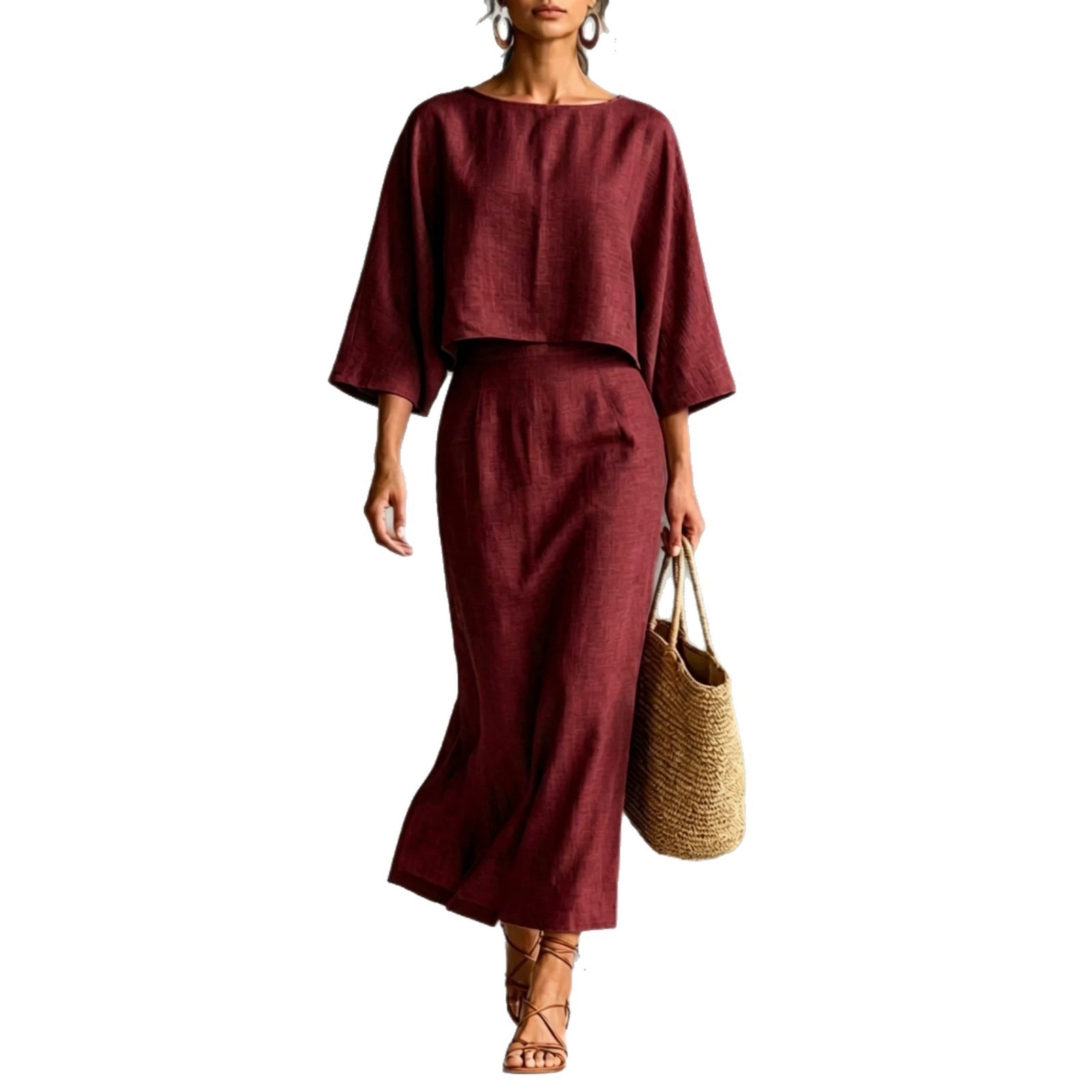 Women's High-Waist Midi Skirt Set with Round-Neck Seven-Sleeve Top