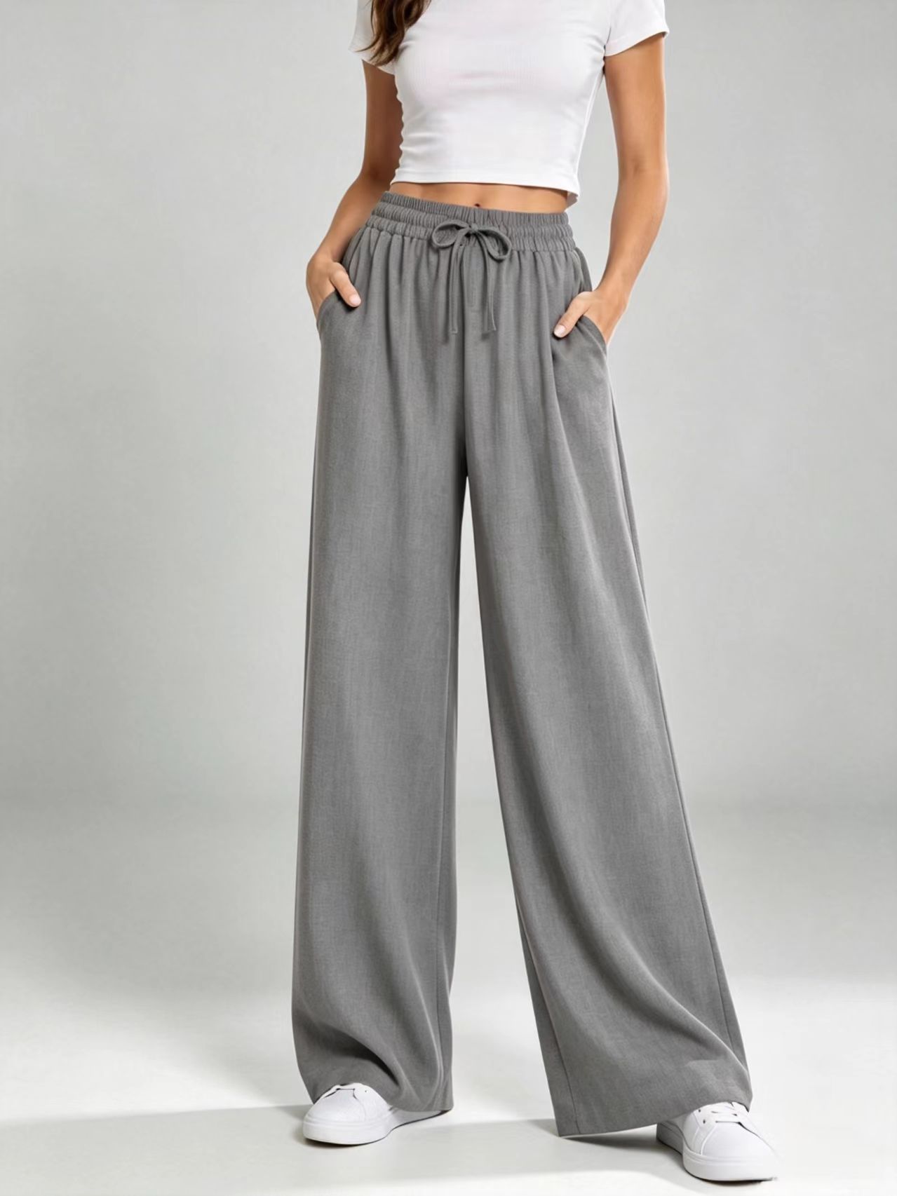 Women's Drawstring Elastic Waist Wide Leg Pants Solid Color Straight Loose Casual