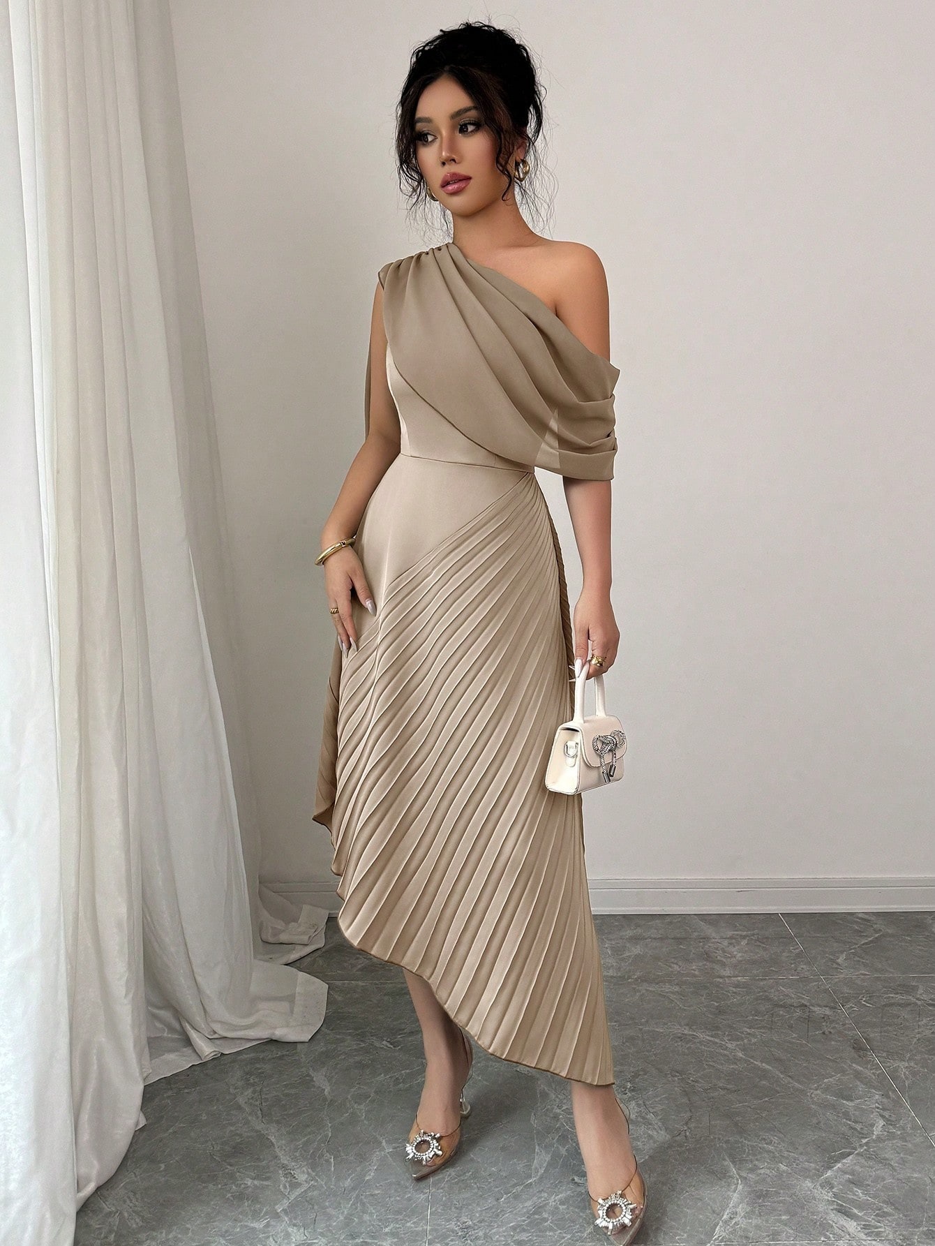 Women's One-Shoulder Ribbon Pleated Midi Dress Elegant Party Gown