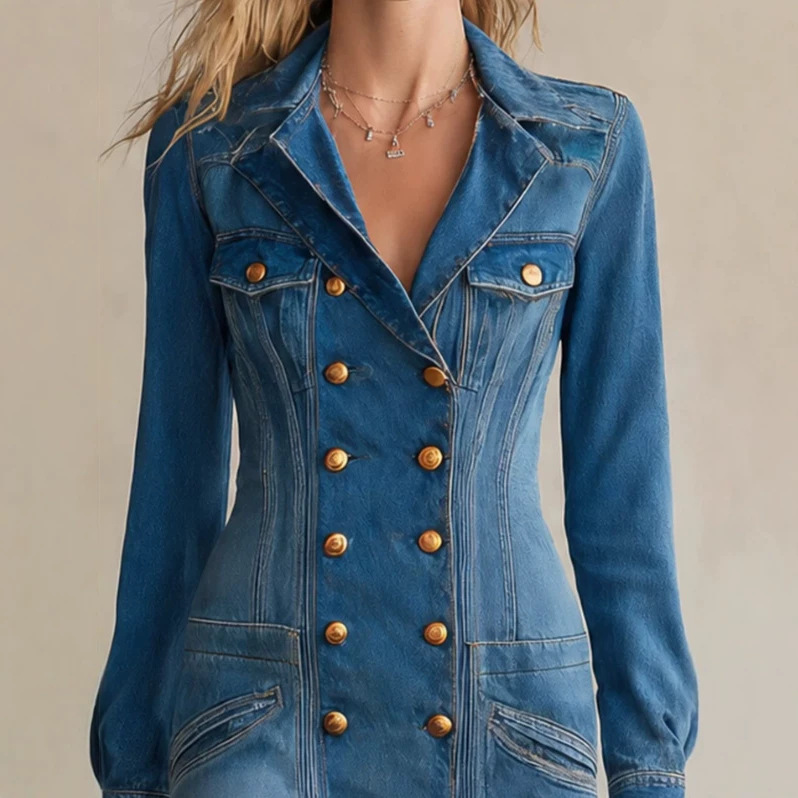 Retro Washed Denim Long Sleeve Double-Breasted Long Dress