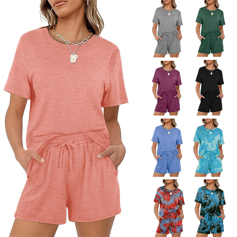 Women's Casual Solid Color Short Sleeve Two-Piece Pants Set