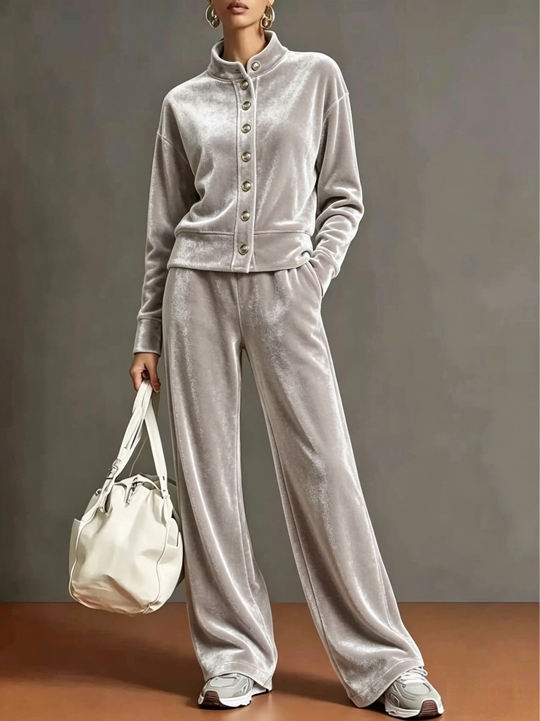 Women's Velvet Stand-Collar Cardigan Hoodie & Wide-Leg Pants Set