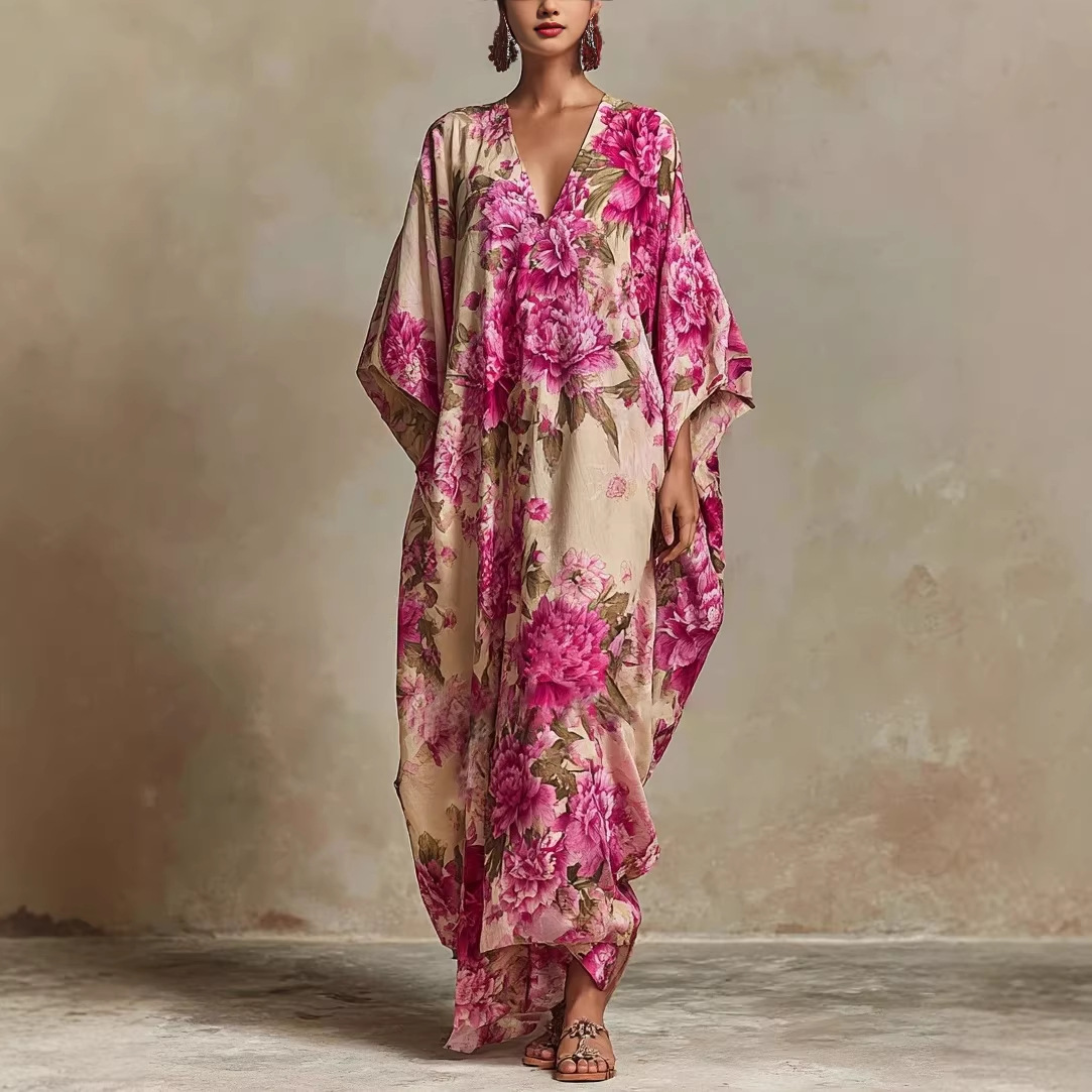 Women's Loose Long Print Dress with Deep V-Neck