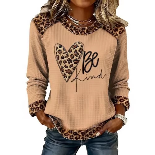 Women's Heart Leopard Print English Waffle Graphic Sweatshirt