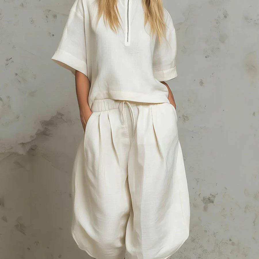 Women's Short Sleeve Two-Piece Set with Wide-Leg Pants