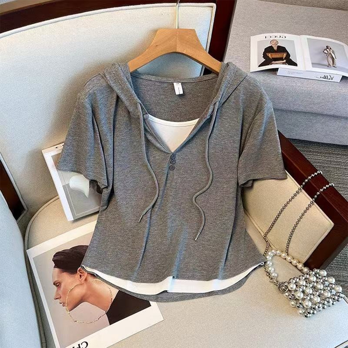 Women's Plus Size Hooded Short Sleeve Top and Shorts Two-Piece Set Slimming Sporty