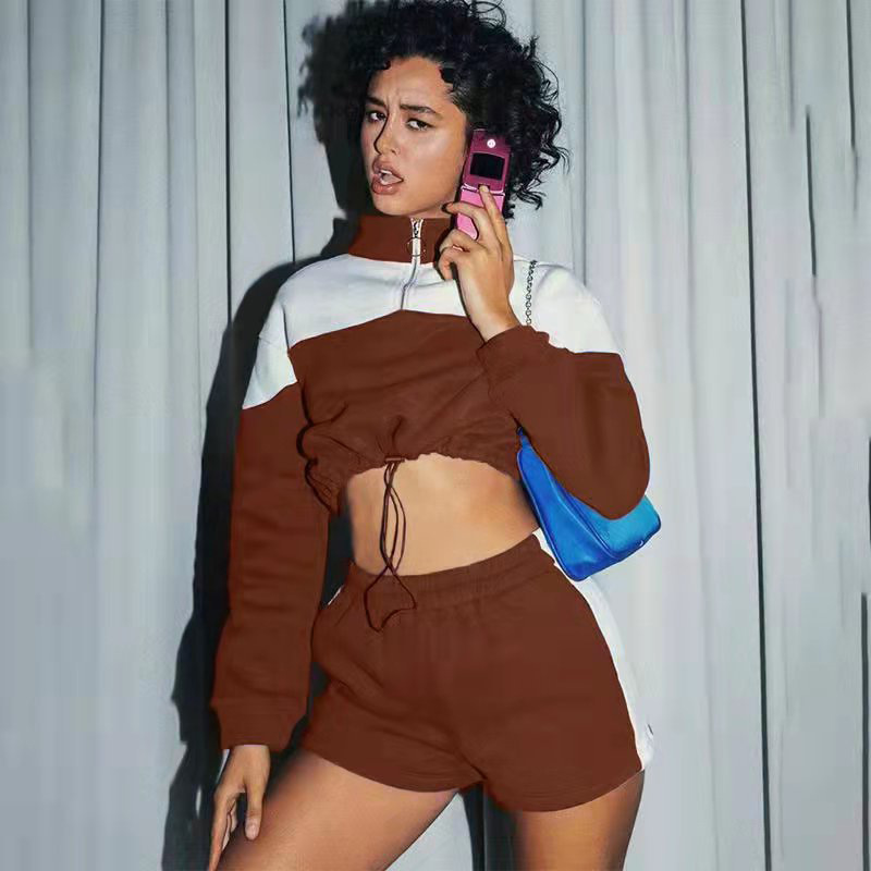 Women's Colorblock Drawstring Shorts & Sweatshirt Two-Piece Set