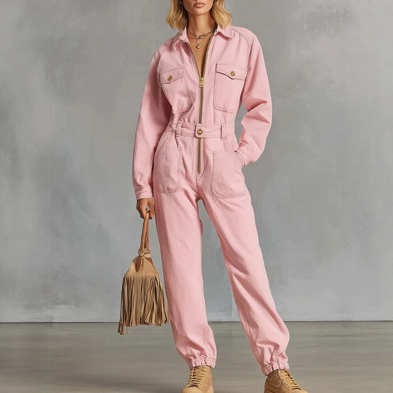 Retro Western Pink Zip Jumpsuit