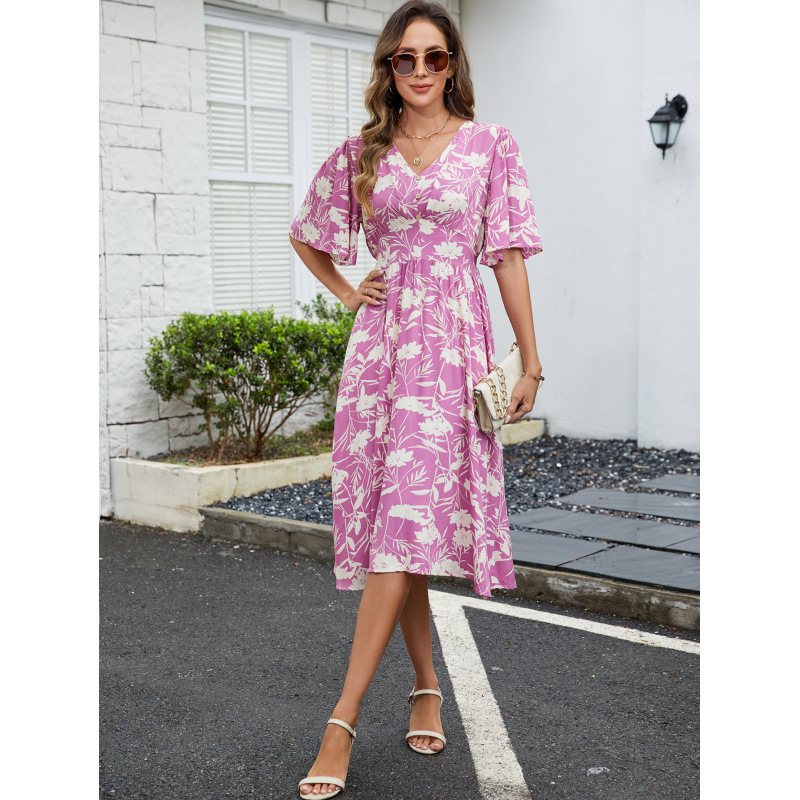 Boho Floral V-Neck Short Sleeve Cinched Waist Midi Dress