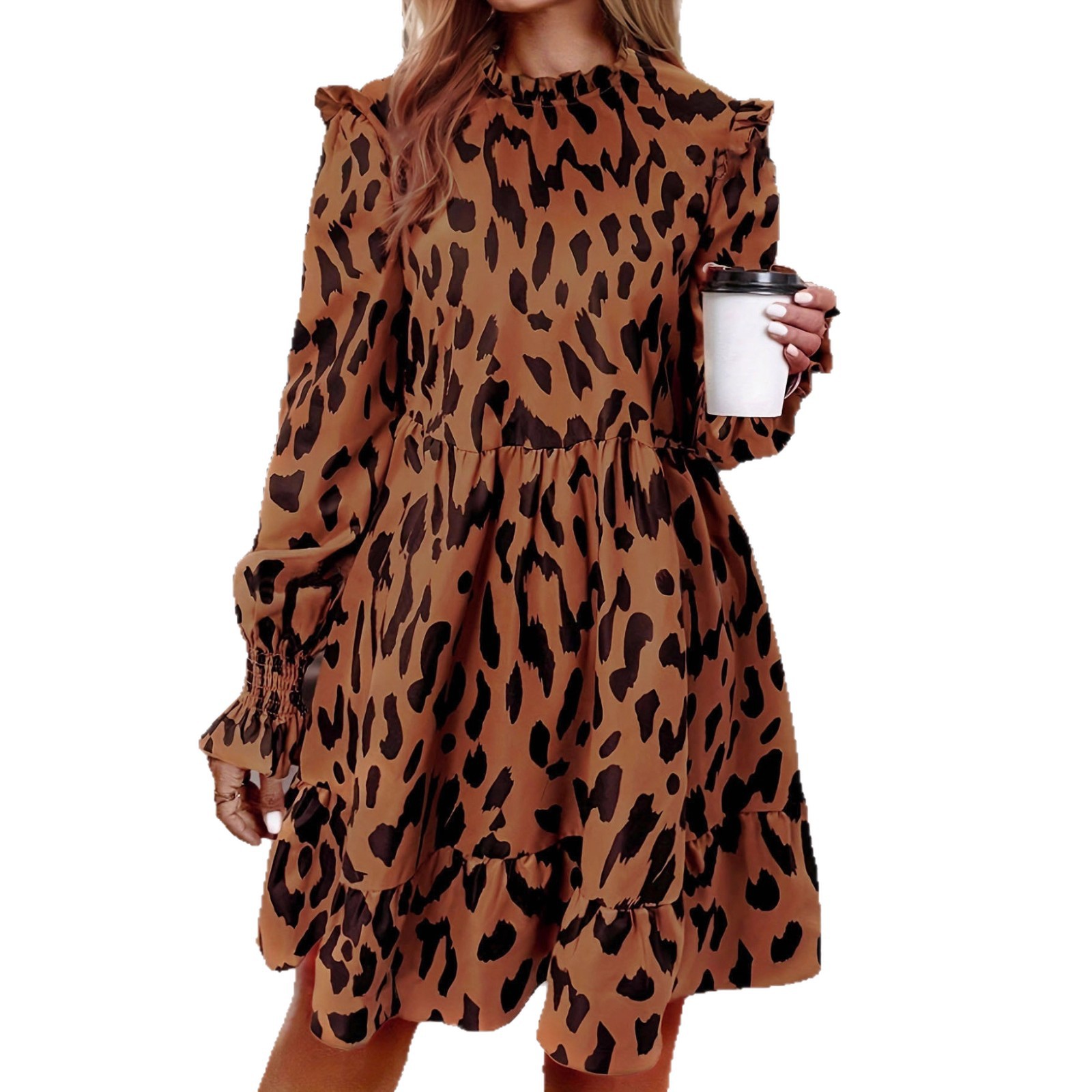 Leopard Print Long Sleeve A-Line Midi Dress Casual Elegant Vacation