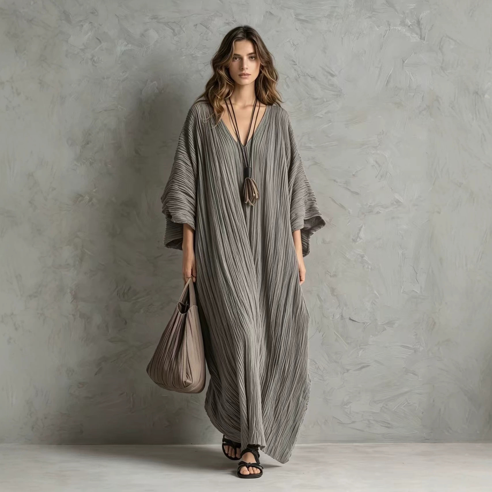 Women's V-Neck Caftan Maxi Dress with Pockets
