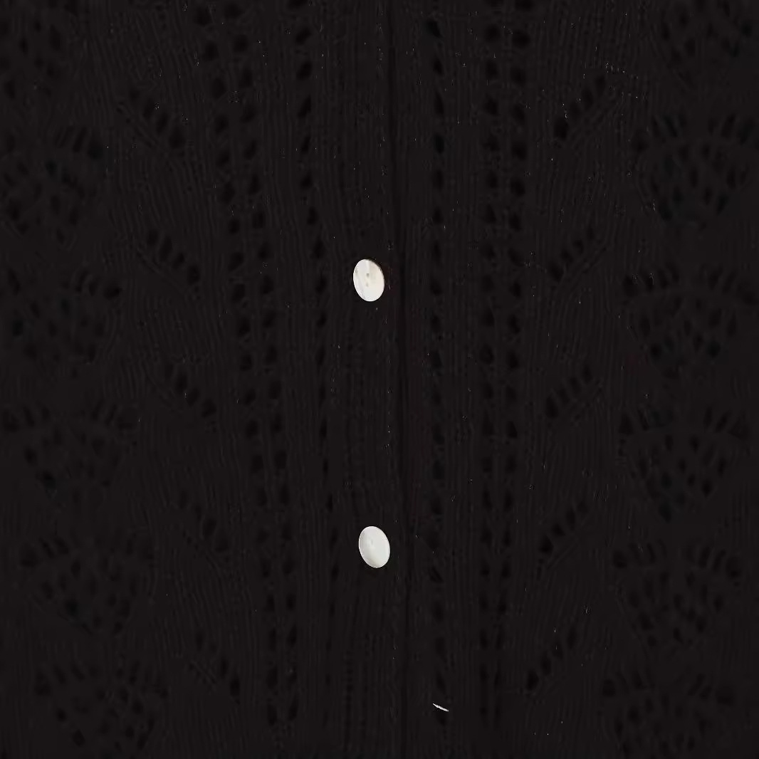 Retro Open-Knit Button-Front Cardigan V-Neck Solid Color Women's Top