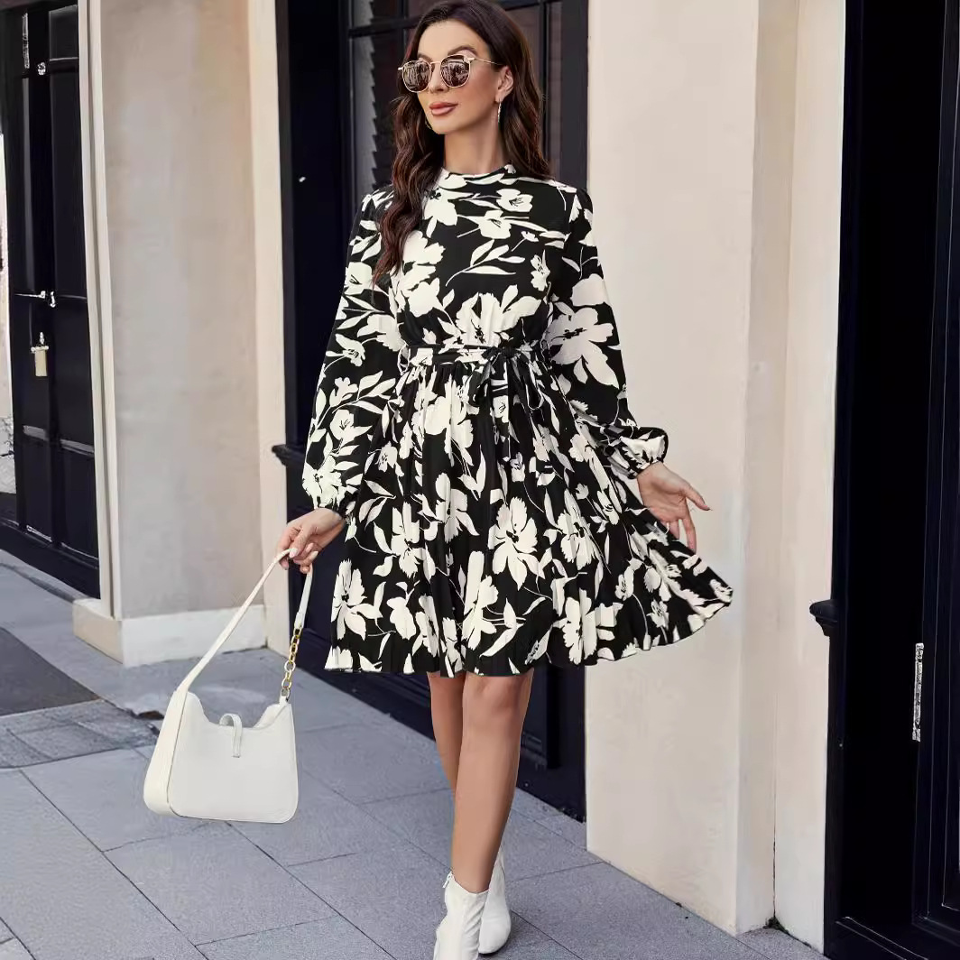 Women's Floral Print Long Sleeve Pleated Dress