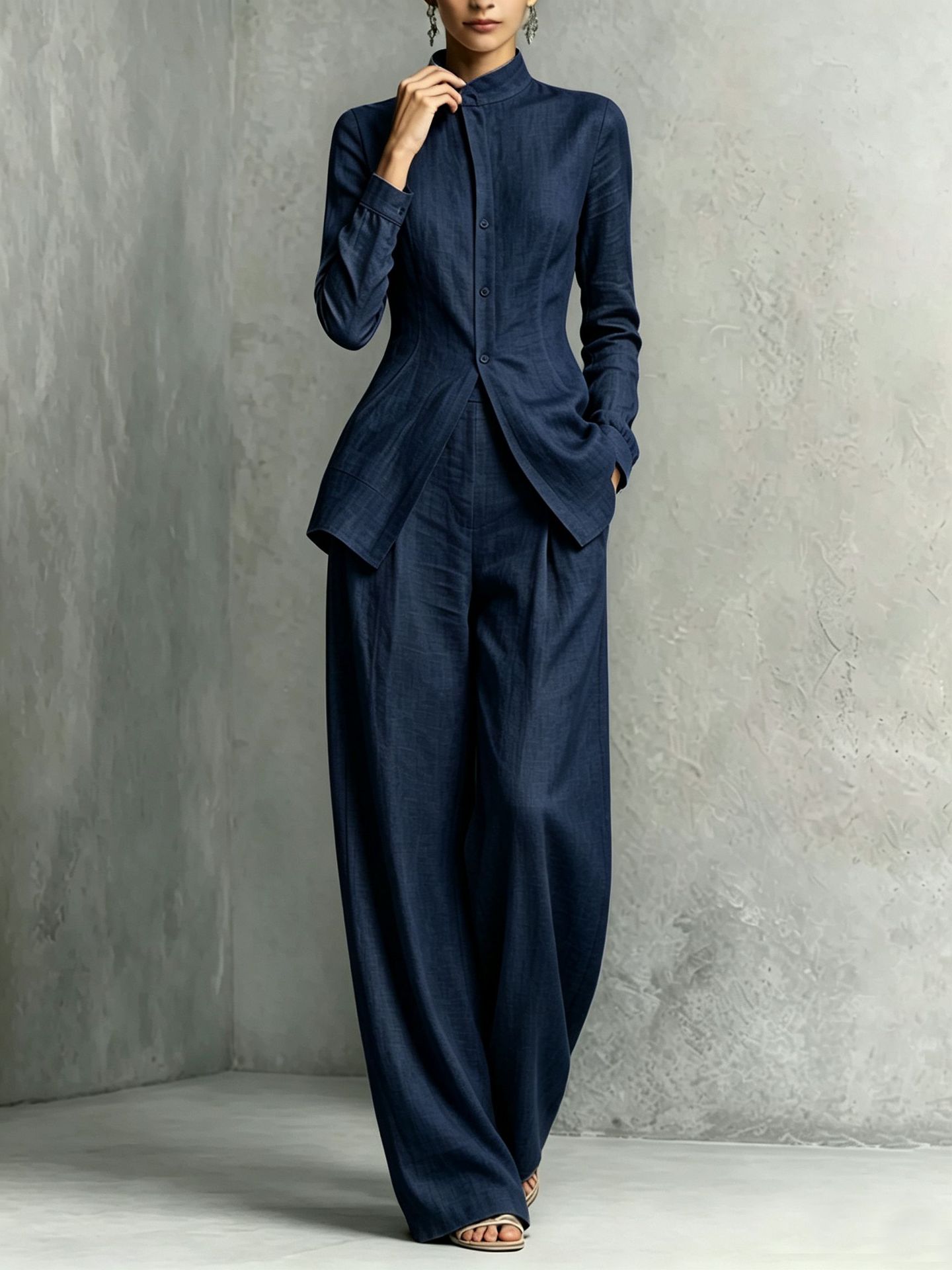 Women's French Stand Collar Long Sleeve Fitted Shirt and Wide Leg Pants Set Minimalist Two-Piece