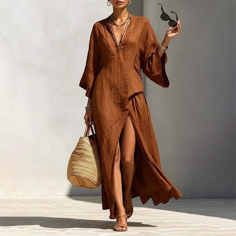 Women's Summer Batwing Sleeve Dress V-Neck High Waist Slit Long Dress