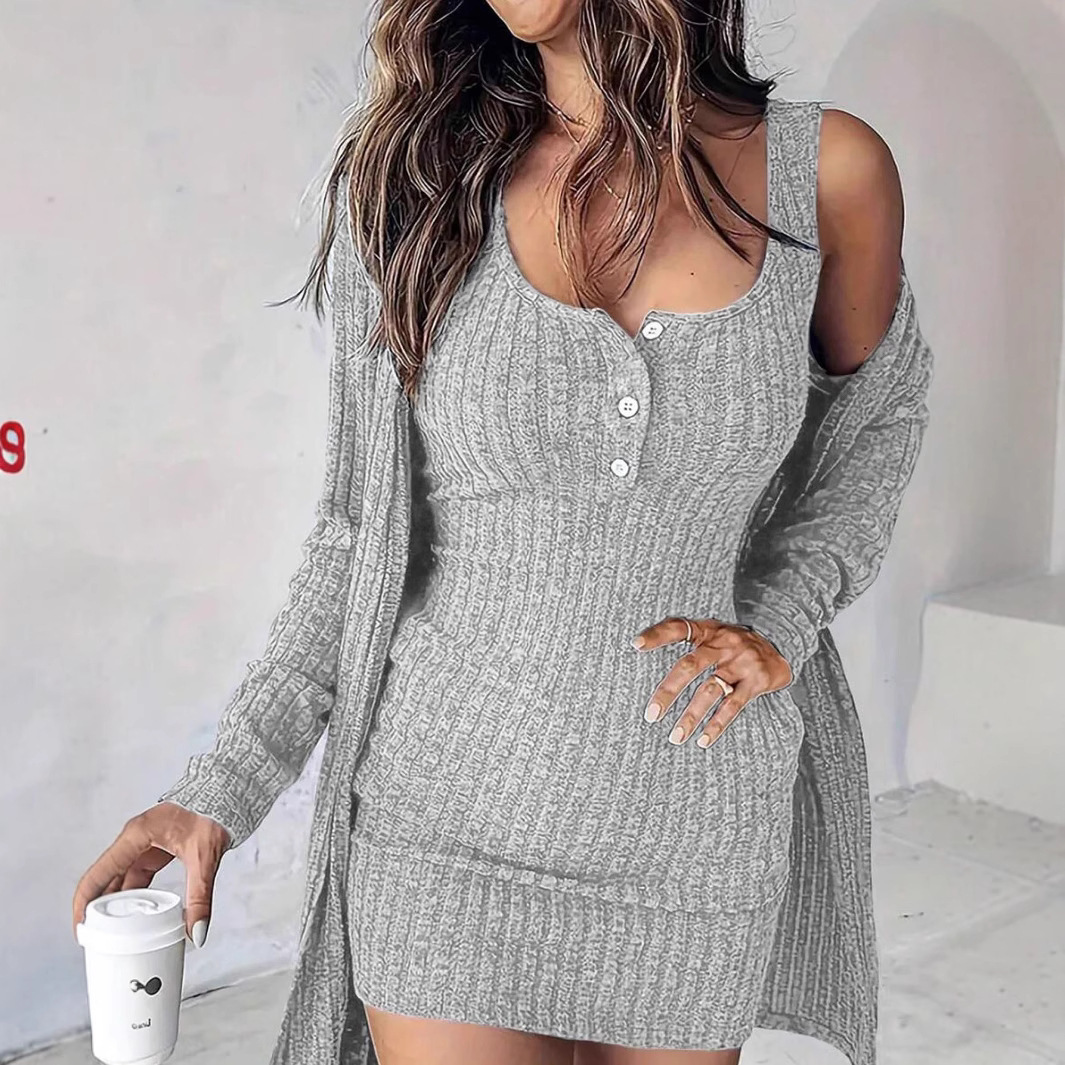 Women's Ribbed Knit Two-Piece Dress Set with Sleeveless Bodycon Cami Dress and Jacket