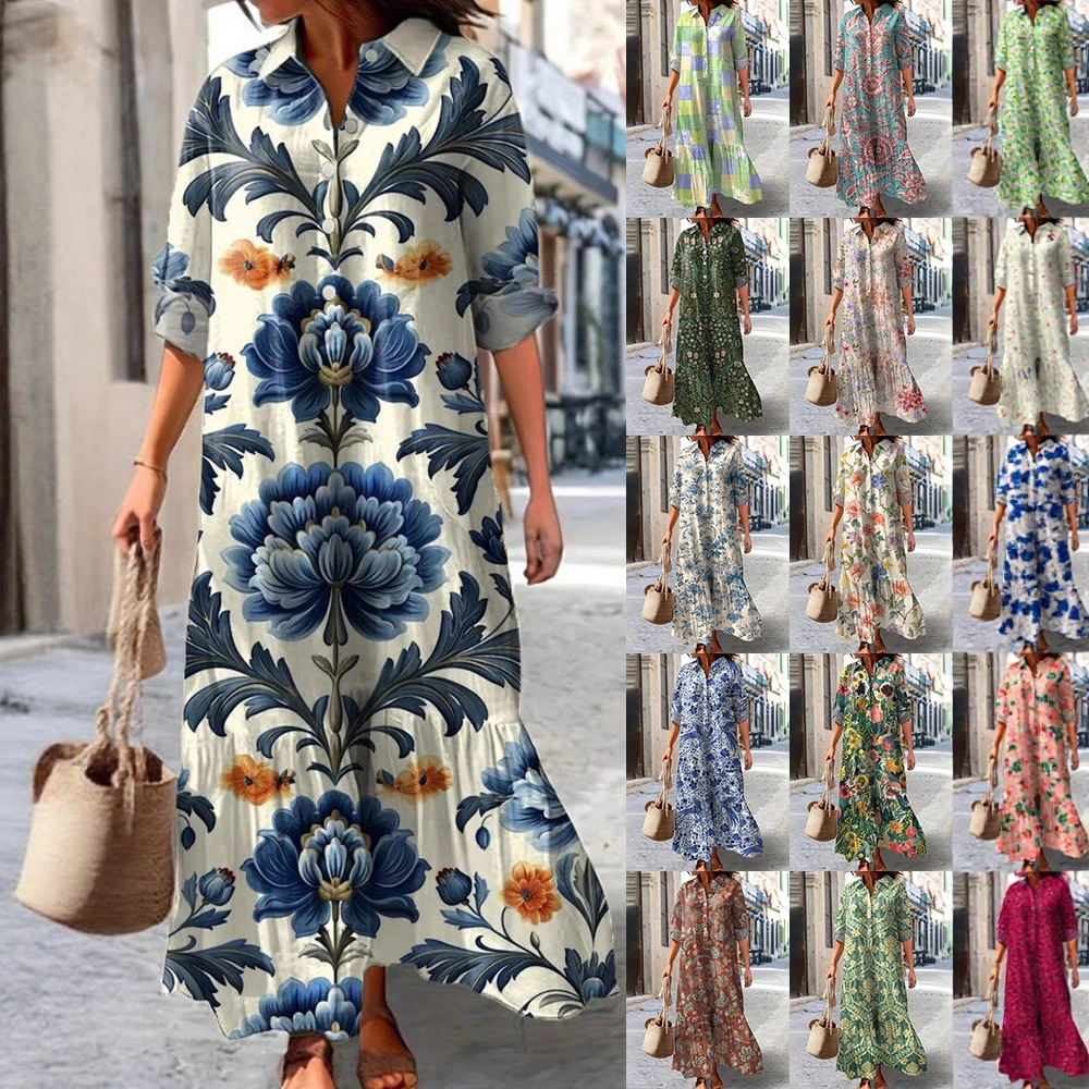 Women's Casual Long Sleeve Collared Digital Print Shirt Dress