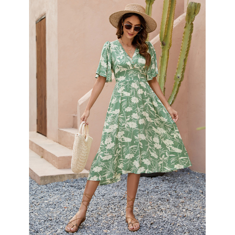 Boho Geometric Print V-Neck Short Sleeve Cinched Waist Midi Dress