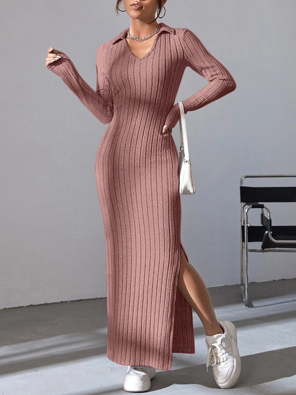 Elegant Long Sleeve Lapel Bodycon Dress