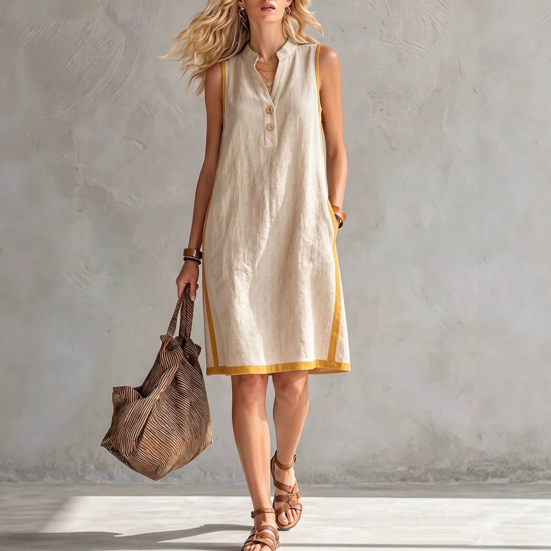 V-Neck Button-Down Sleeveless Midi Dress with Contrast Trim and Pockets