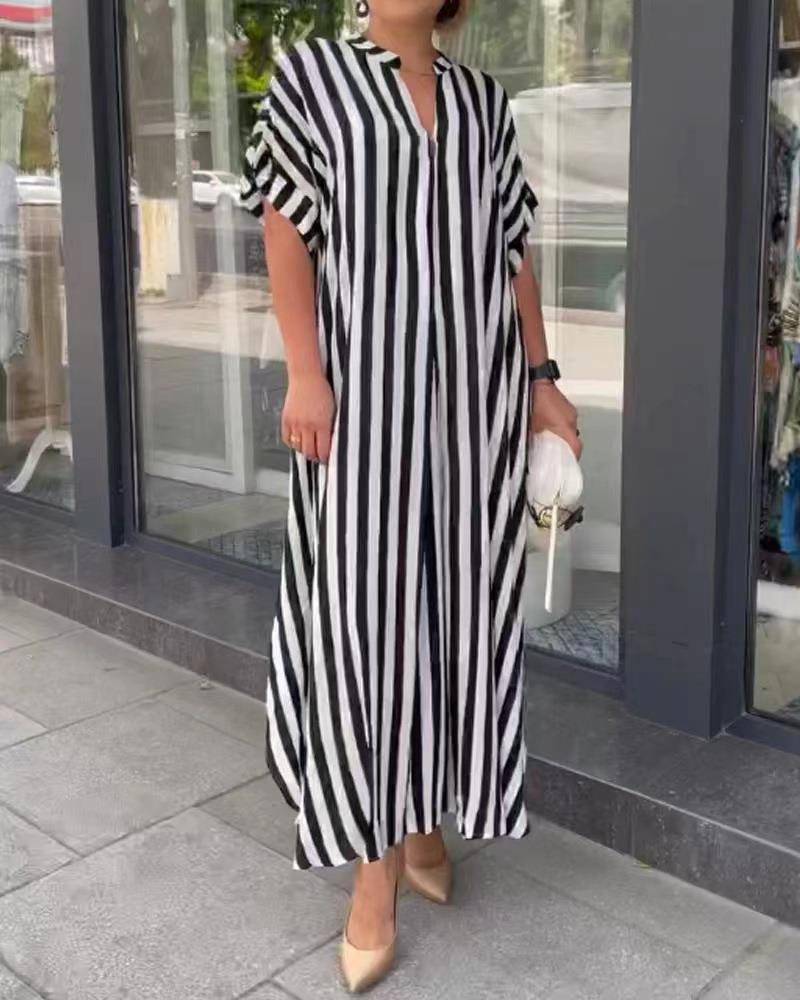 Striped V-Neck Short Sleeve Side Slit Loose Casual Dress