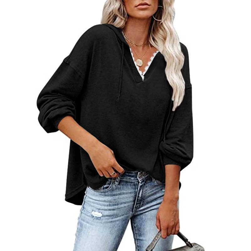 Women's Casual Hooded Lace V-Neck Long Sleeve Sweatshirt