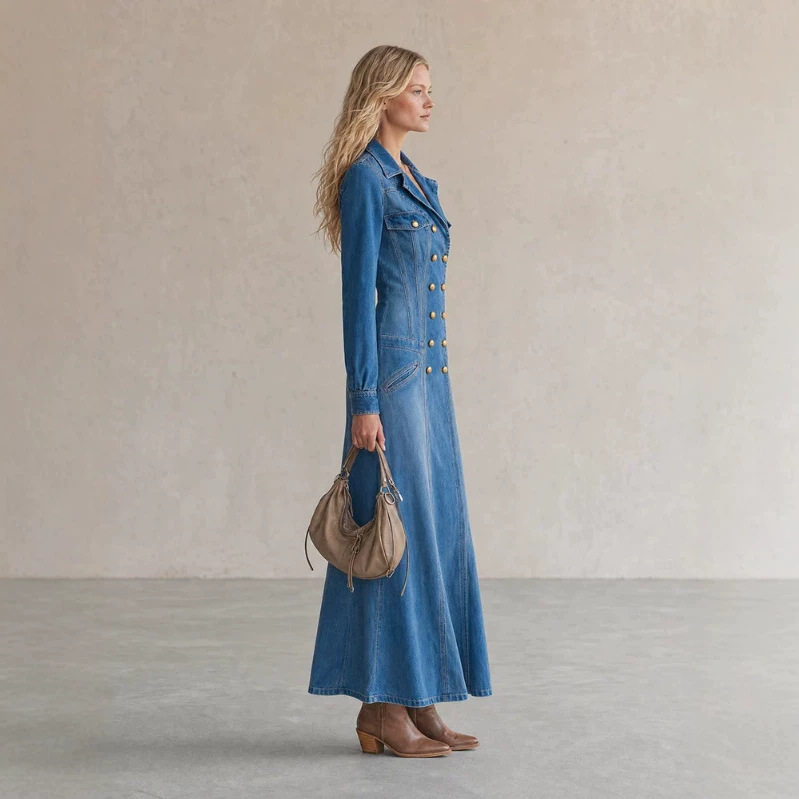 Retro Washed Denim Long Sleeve Double-Breasted Long Dress