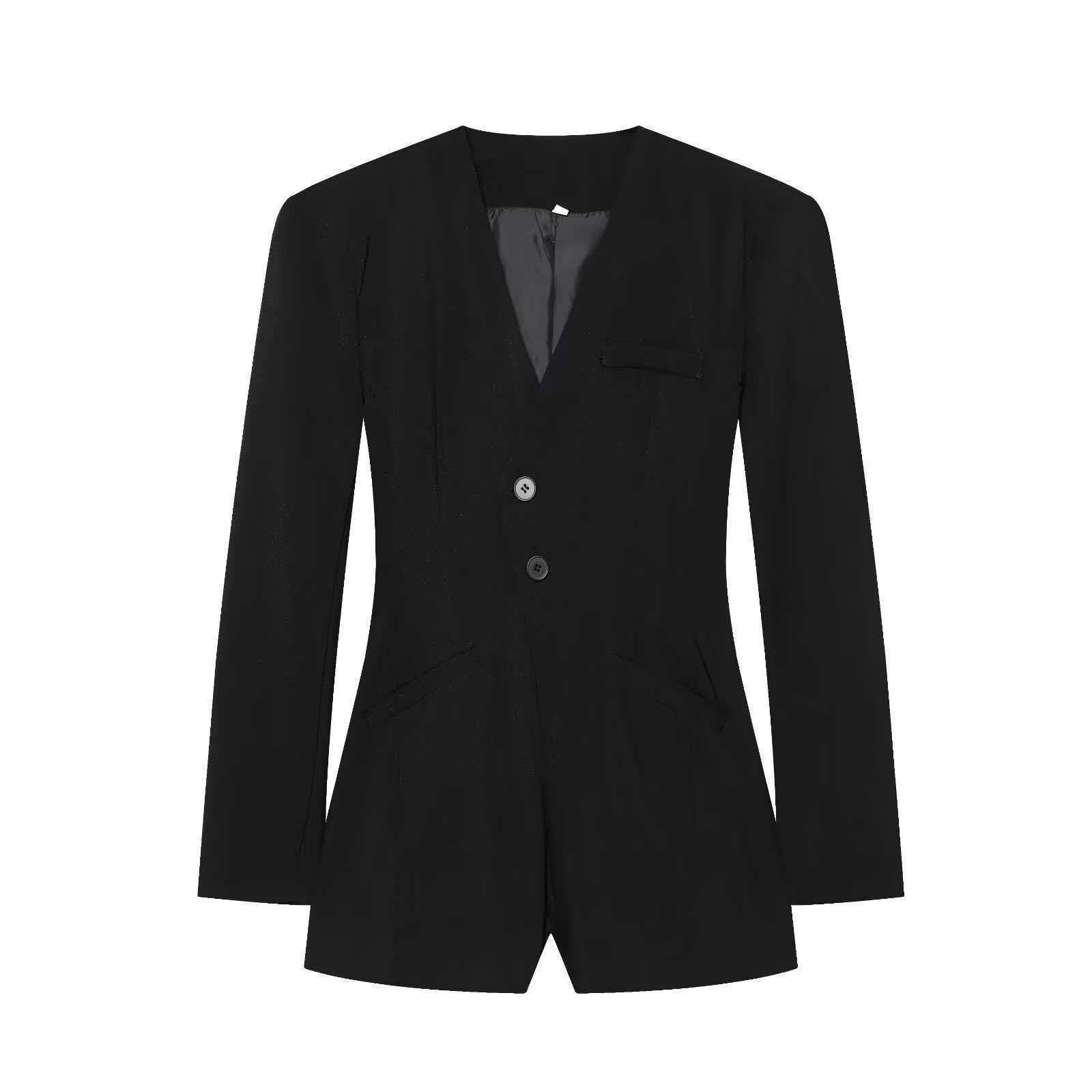 V-Neck Short Blazer-Style Jumpsuit Slimming Commuter Chic